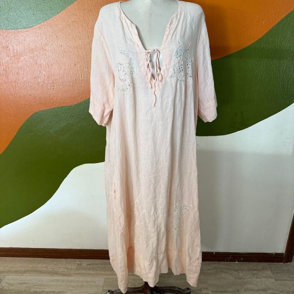 Antica Sartoria Pink Linen Kaftan Dress Lace Crochet Boho Coastal Resort One Sz